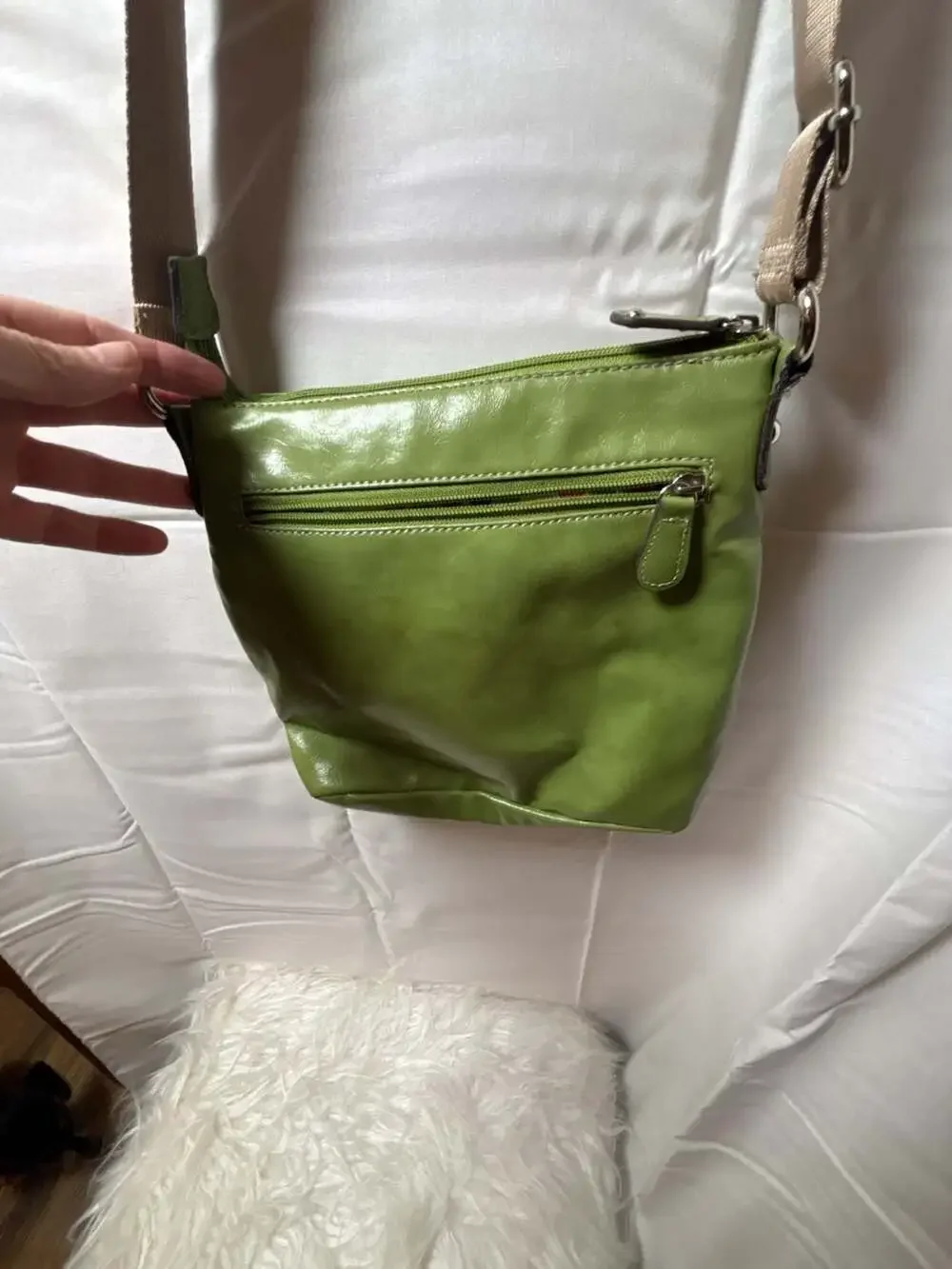 Franco Sarto Green Faux Leather Multi-Pocket Crossbody Bag with Polka Dot Interi